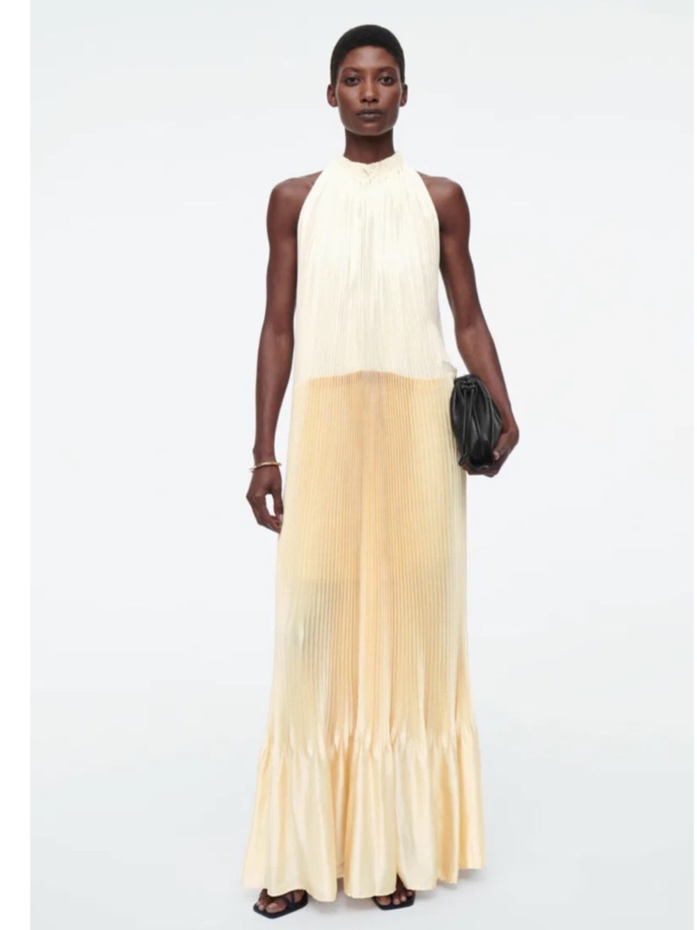 COS Two-Tone Pleated Halter Maxi Dress in Cream and Butter Yellow